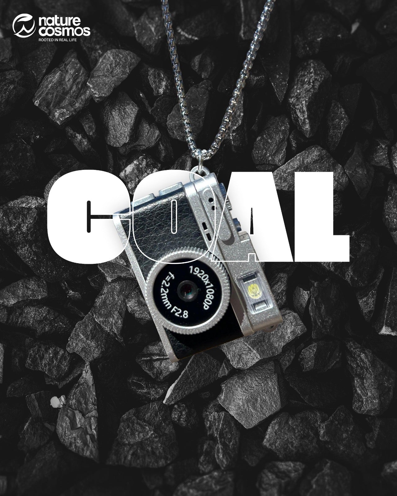 mini fotocamera naturecosmos collana e portachiavi, nera