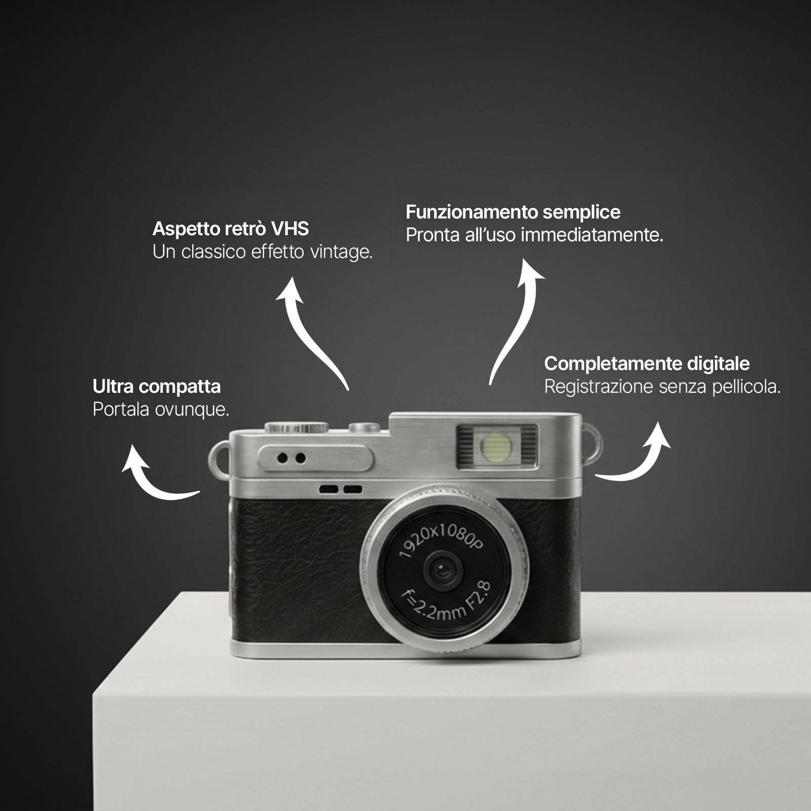Mini fotocamera naturecosmos nera infografica collana portachiavi